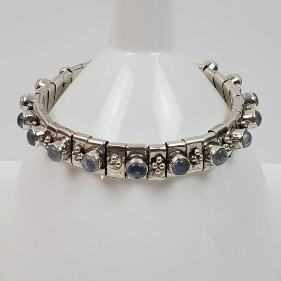 Sterling Silver 925 Opalite Glass Cabochon Panel Bead Link Bracelet Chunky 7.25" - Picture 1 of 15